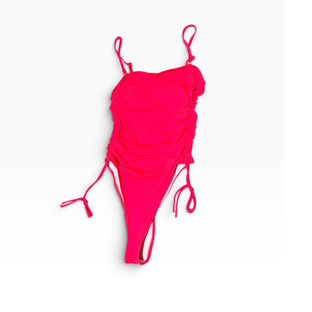 Yonique bright red Ruched One Piece Swimsuit High Cut Side Tie NWT XS